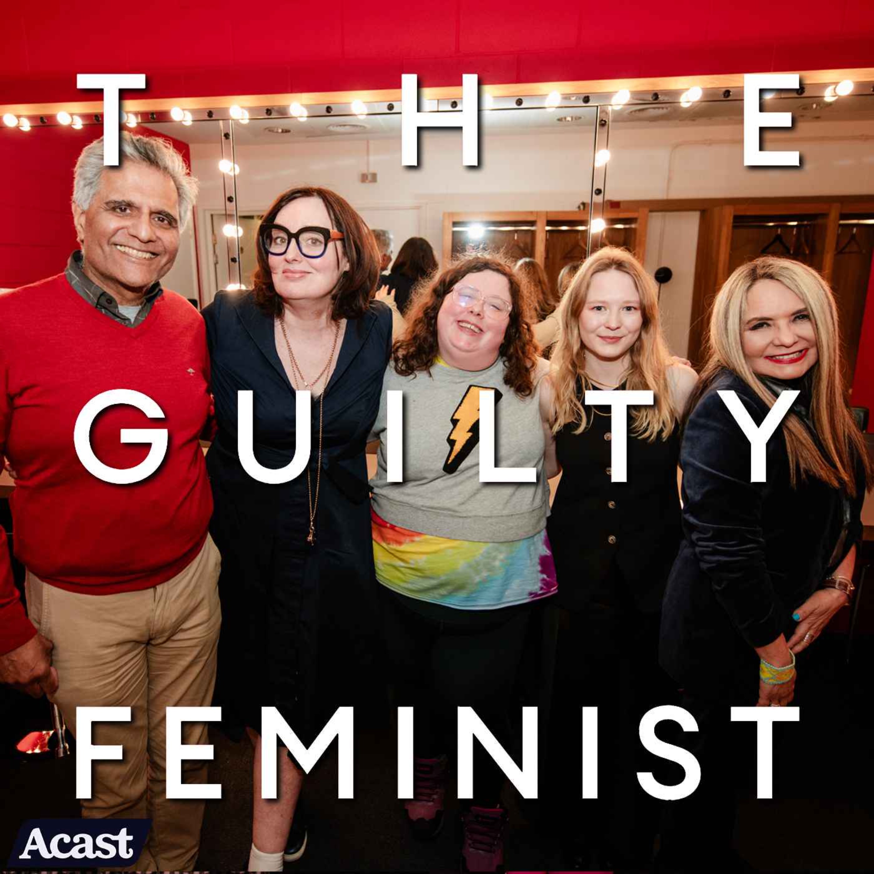An image of Professor Binna Kandola OBE, Deborah Frances-White, Alison Spittle, Marianna Zajac and Dr Niloha Rangel backstage after recording The Guilty Feminist Podcast.